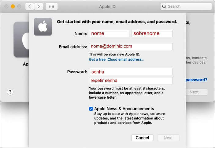 Inserir dados para cadastrar ID da Apple
