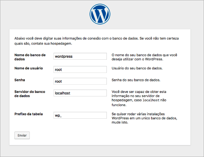 Adicionando dados para iniciar a instalação do WordPress