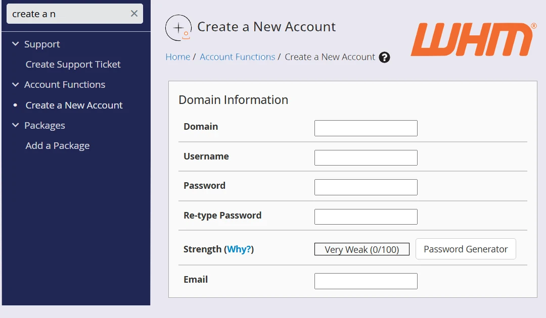 Como Criar uma Conta no WHM do cPanel