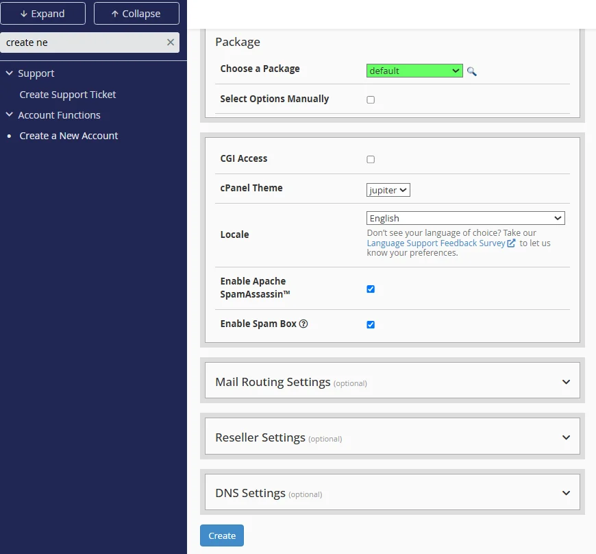 Preencha dados do novo usuário na conta cPanel