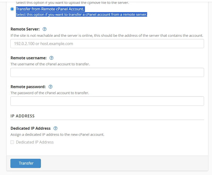Preencha os dados do site para migrar