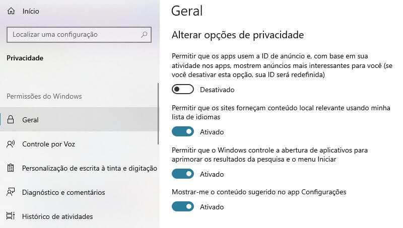 Desativar Configurações de Privacidade no Windows