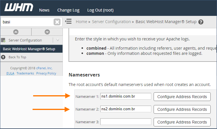Configurando nameservers privados no WHM cPanel