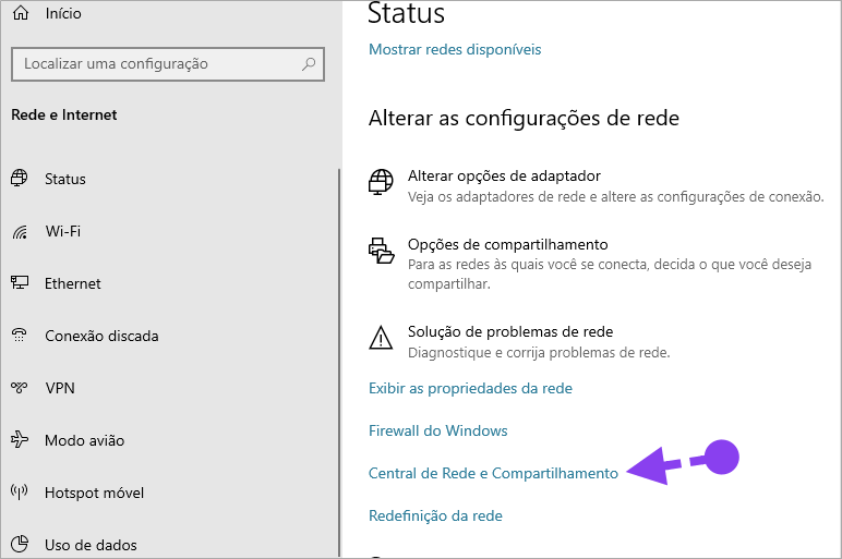 Central de compartilhamento para descobrir a senha do WI-FI