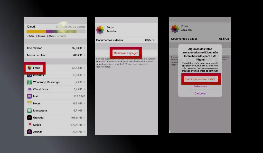 Eliminar fotografias individuais e excluir fotos de iCloud