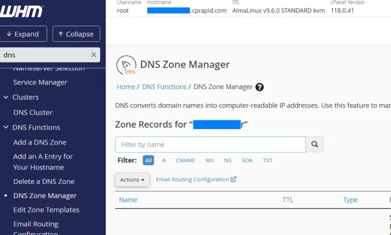 Gerenciando zonas DNS no WHM