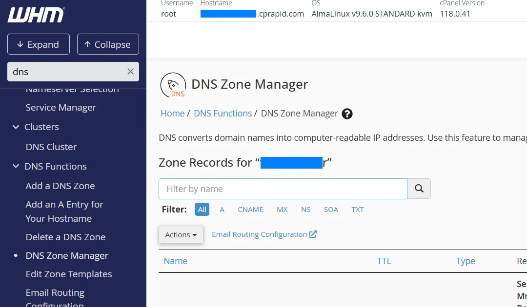 Gerenciando zonas DNS no WHM