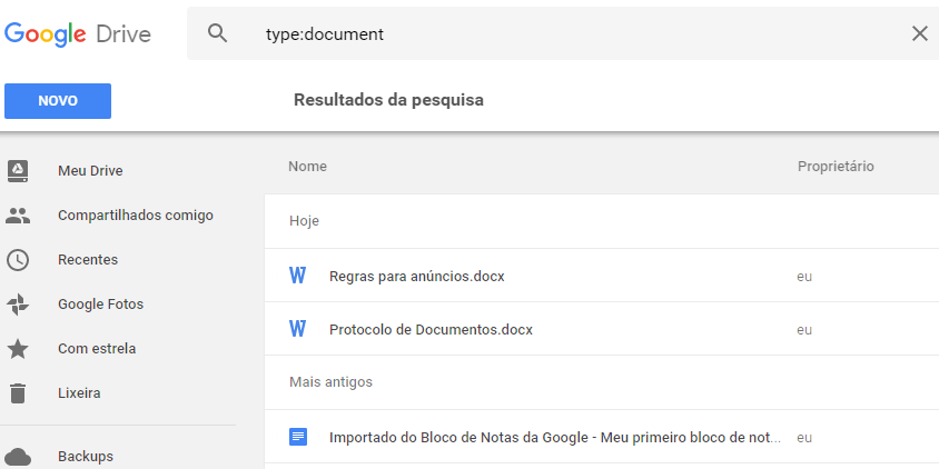 arquivos que correspondem ao filtro serão exibidos