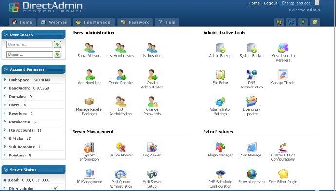 Direct Admin - painel de controle de hospedagem na Web