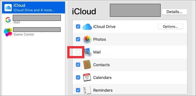Selecione Mail para criar sua conta no iCloud mail