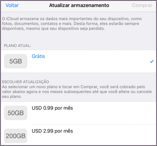 Escolher um plano de assinatura do iCloud Drive