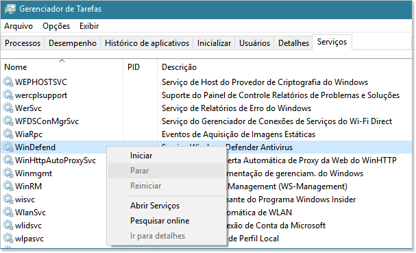 Desativar o Windows Defender pelo gerenciador de tarefas