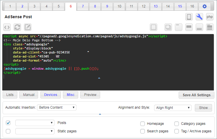Tela do Ad Inserter plugin