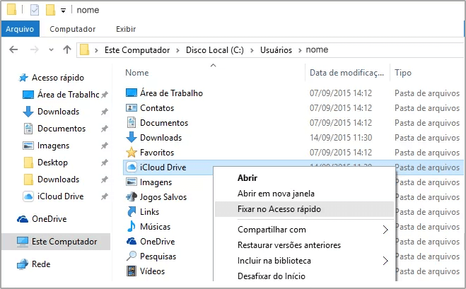 Fixar iCloud Drive na guia de acesso rápido do windows 10