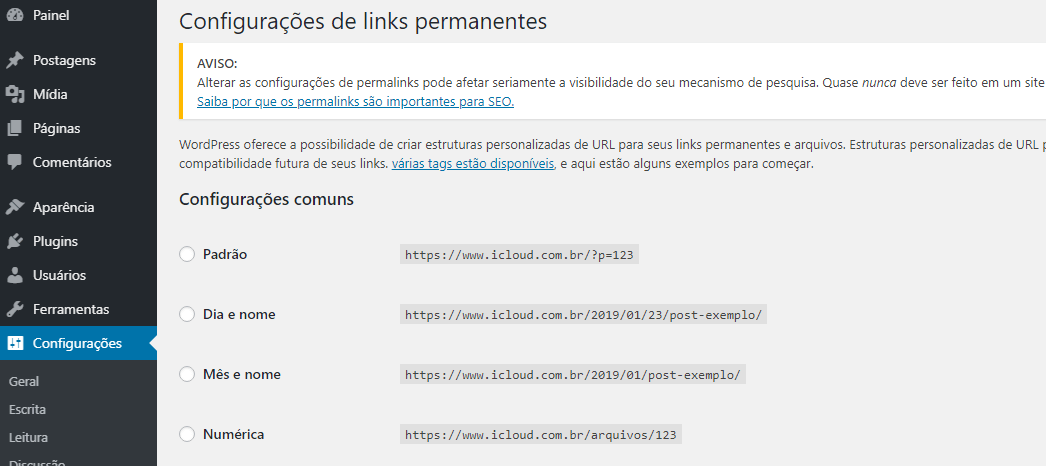 Links permanentes em Wordpress Admin