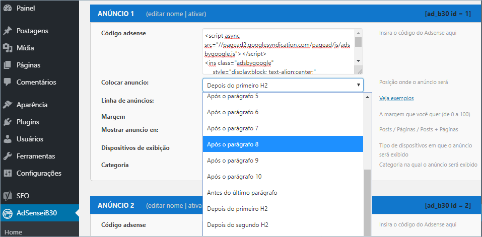 Configurando o plugin AdSensei B30