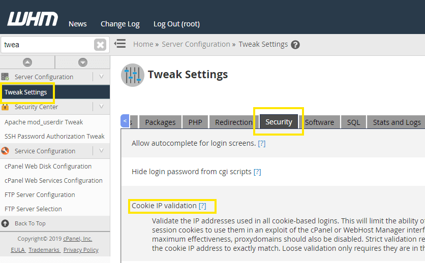 Desabilitar validação de cookie IP no WHM após o login