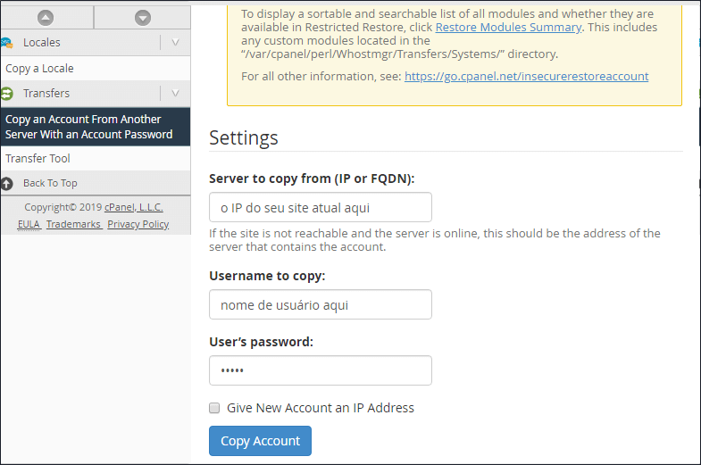 Transferir uma conta cPanel para outro servidor