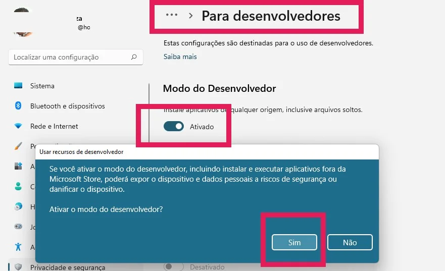 Para ativar o modo de desenvolvedor no Windows