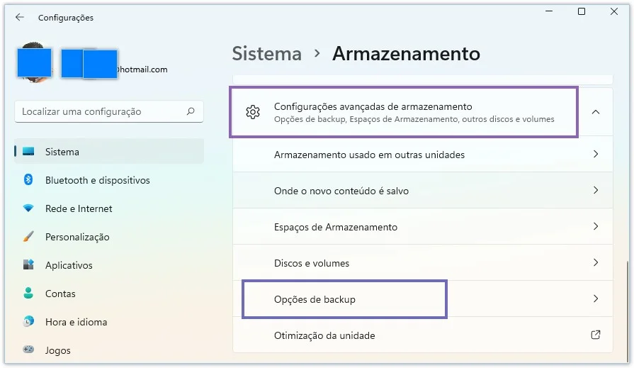 Opções de backup na página de configurações de armazenamento