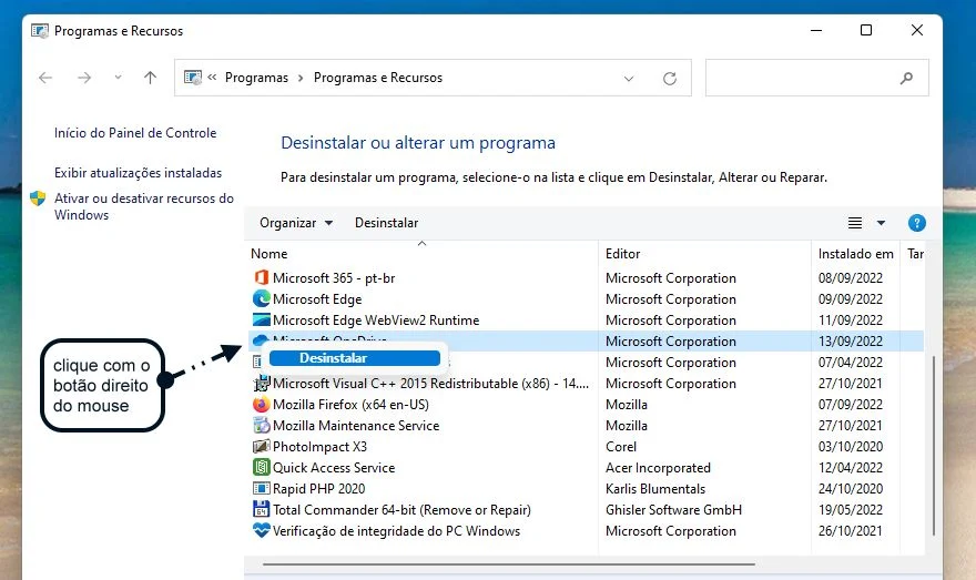 desinstalar ou remover o OneDrive no Windows 11
