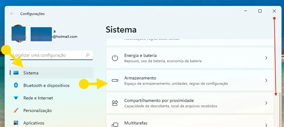 Opção Armazenamento nas configurações do sistema Windows 11