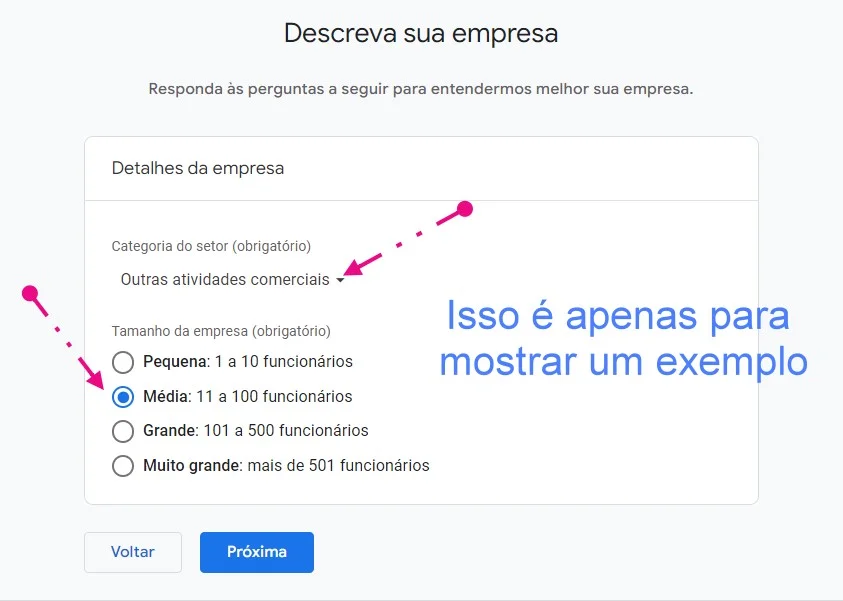 Tela Descreva sua empresa