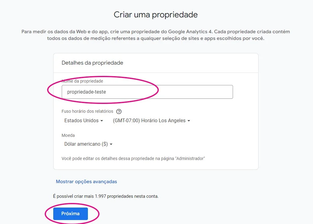 Digite o nome de sua propriedade GA4