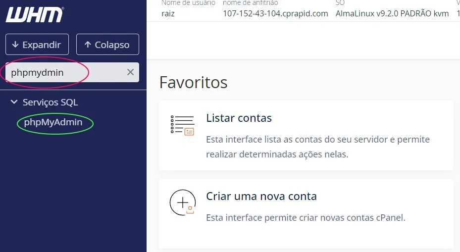 Abrir phpMyAdmin pelo WHM