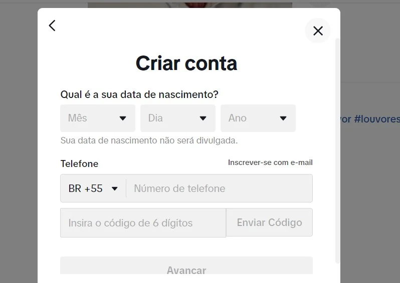 criando sua conta no TikTok