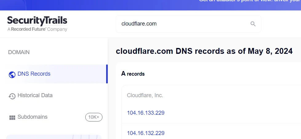 Histórico de IP do domínio