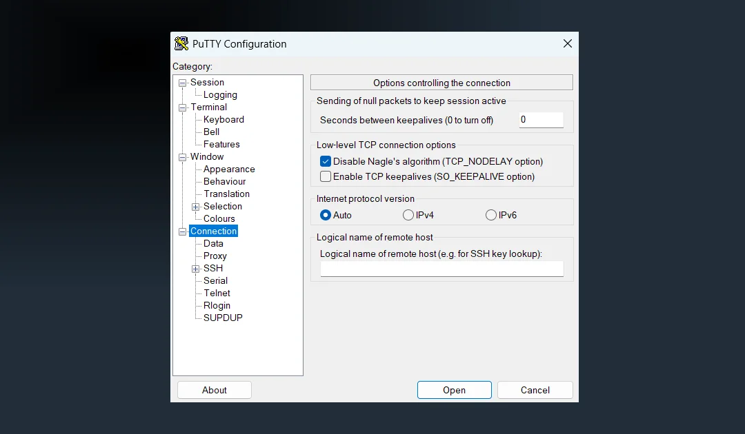 Abra o PuTTY e vá em Connection no menu lateral